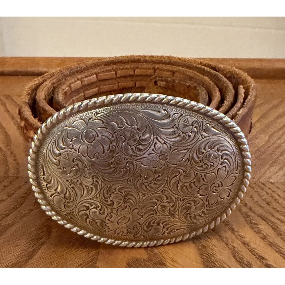 Vintage Stainless Belt Buckle 3" Floral Scroll Embossed w/ Floral Belt 36 Inch